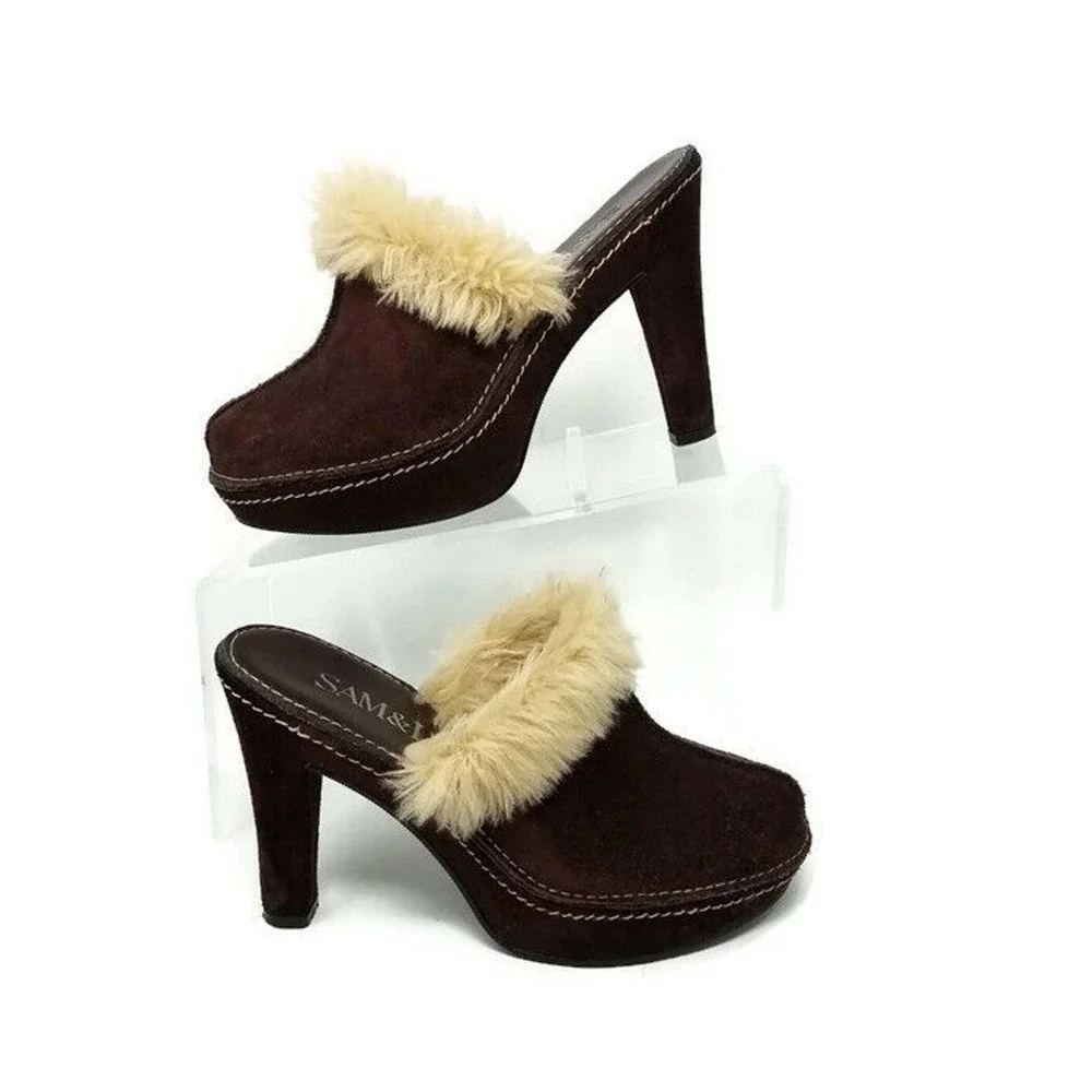 Sam & Libby SIBYLA Brown Winter Suede Fur Platform Clogs Mules Womens 6M - Picture 4 of 10